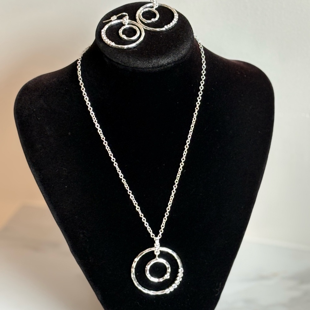 Vintage Avon Hammered Silver Double Circle Rhinestone Statement Necklace Set